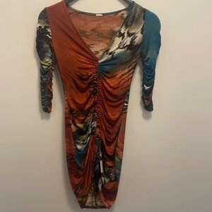 multi color rusty orange, turquoise and black mini dress -size small-club dress